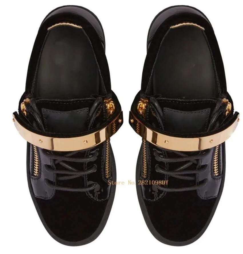 Black Suede Leather Gold Buckle Lace Up Sneakers Unisex Size Hook Loop Flats Platform Casual Shoes Low Top Female Shoe Size 47