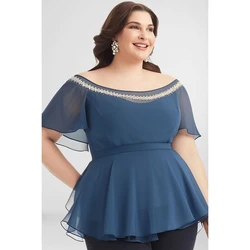 Blusa corta con hombros descubiertos, top de manga con volantes, color azul, talla grande