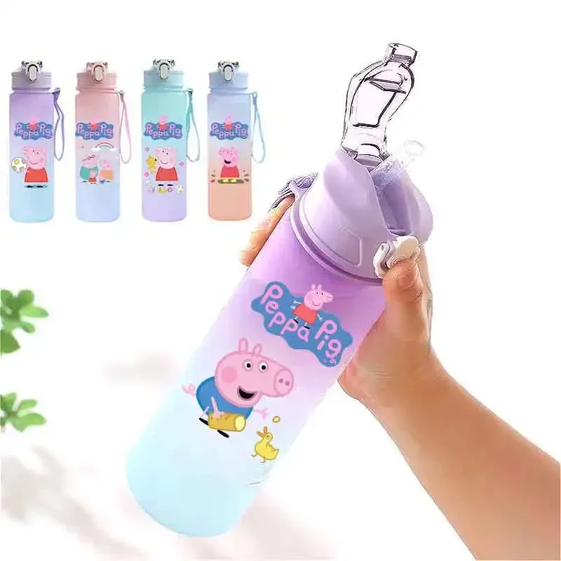 750ML Straw Water Cup Peppa Pig Children's Large Capacity Gradient Adult Sports Bullet Lid Direct Drinking Travel Plastic Bottle