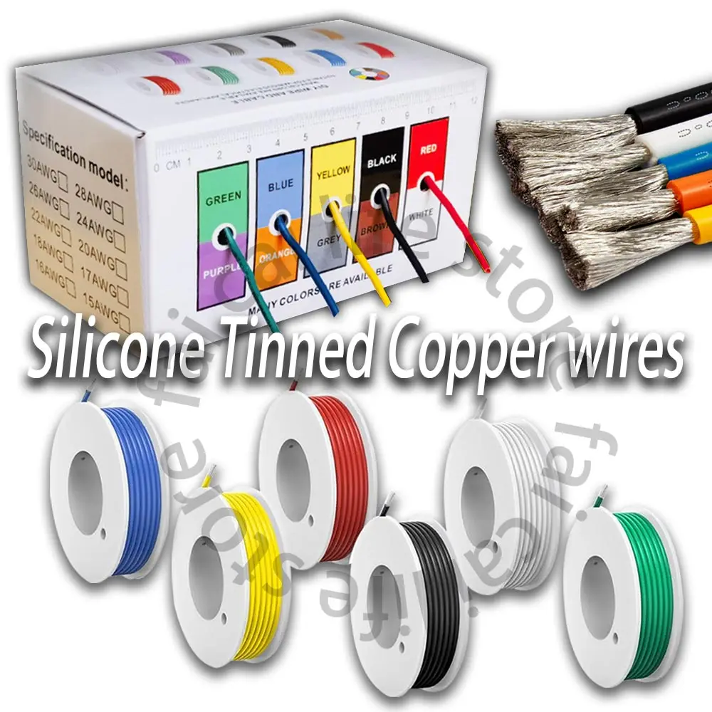 

Heat Resistant Flexible Silicone Wire 30AWG 28AWG 26AWG 24 22 20AWG 18AWG 16AWG Stranded Tinned Copper Wire, 5 Colour Mixed Set