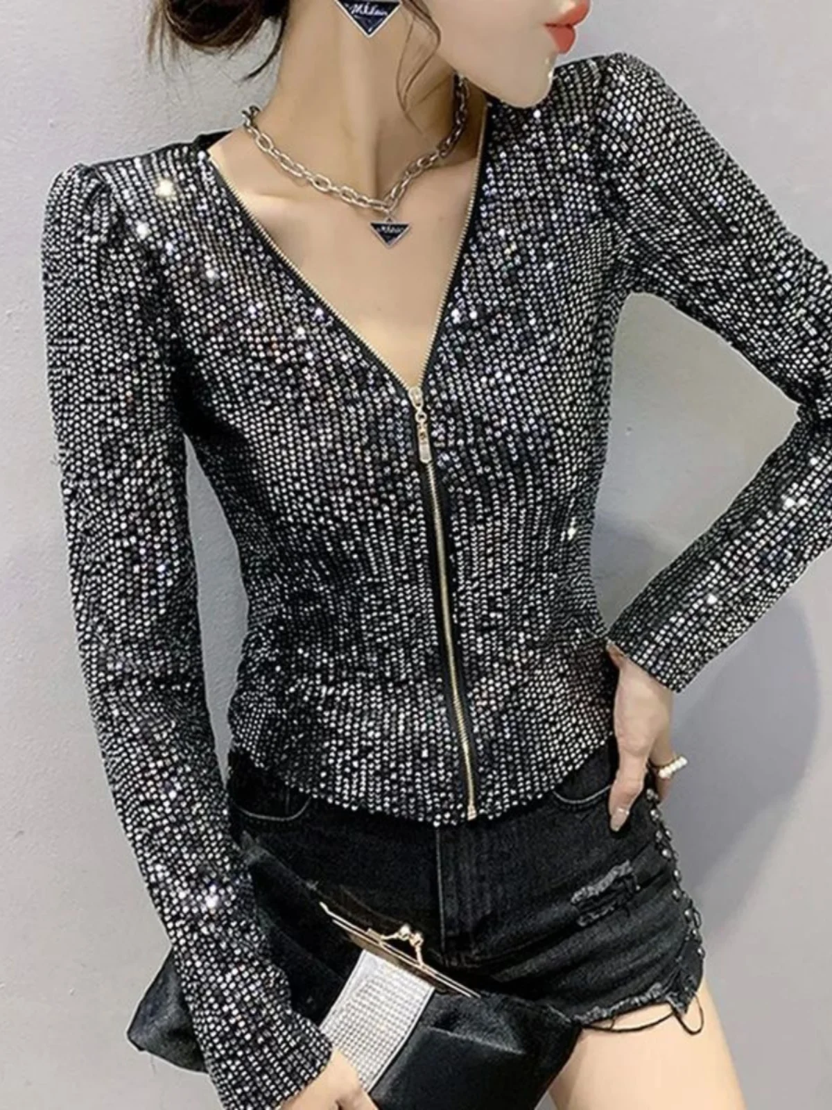 

Длинный кардиган на молнии с блестками, топ Street Sle, облегающий V-Ne, летняя мода для молодых женщин, 8–35, застежка-молния