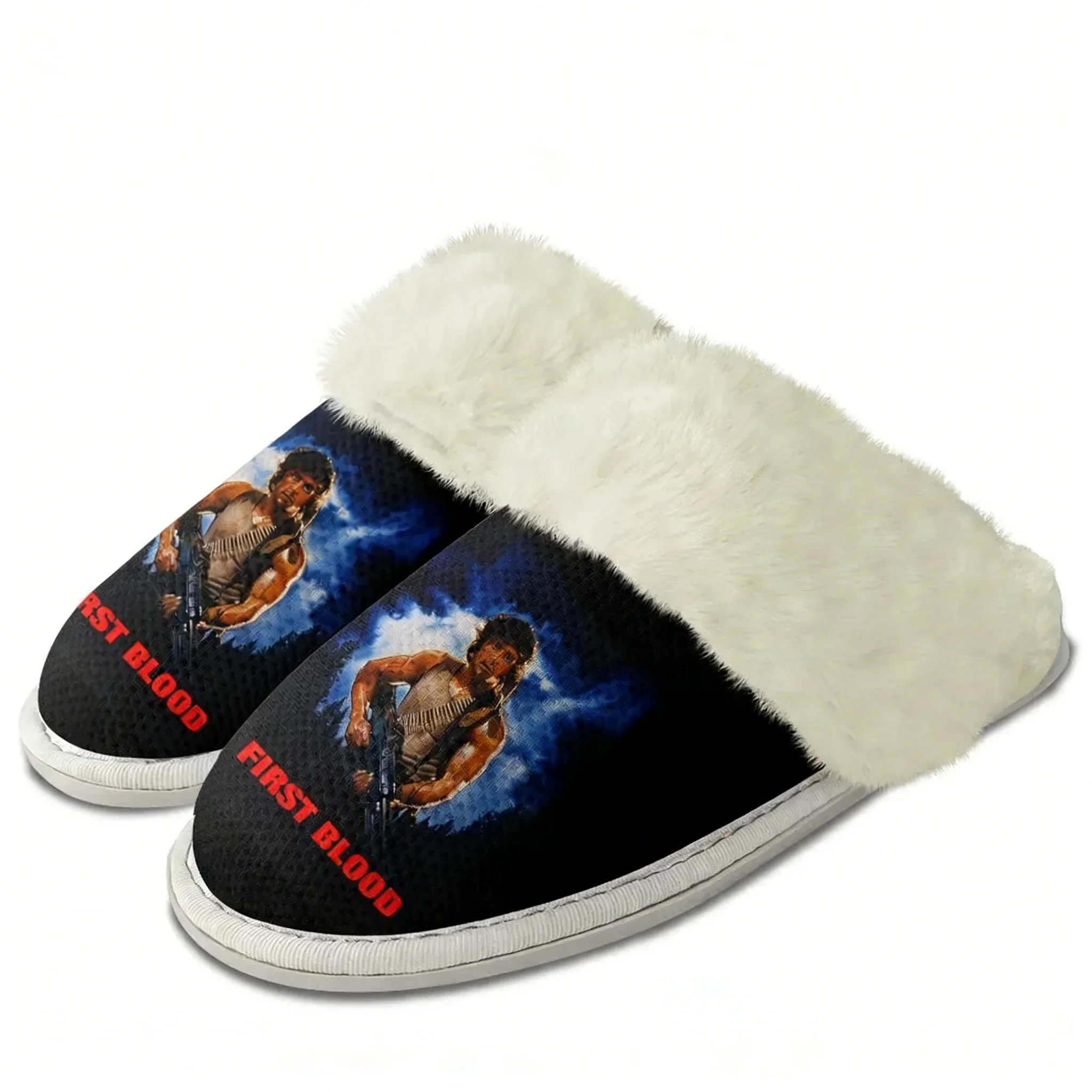 

John Rambo F-First B-Blood Plush Slippers Keep Warm Shoes Mens Womens Home Cotton Bedroom Lightweight Warm Slipper Custom Shoes