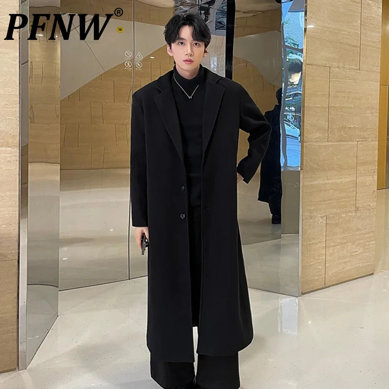 

PFNW Men's Autumn Winter Long Woolen Coat Windbreaker Cusual Lapel Single Breasted Solid Color Trench Loose Fitting Tops 28W5114