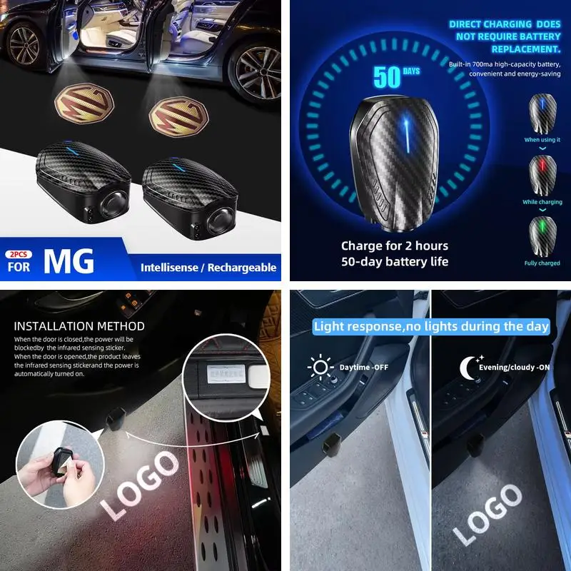For MG ZR ZS HS GS GT EZS MG3 MG5 2Pcs USB Rechargeable HD LED Door Logo Projector Welcome Courtesy Lamps Auto Parts