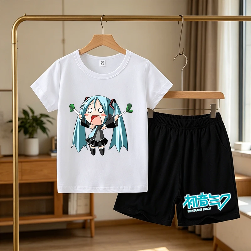 

Hatsunes Miku Children T-shirt Set Cartoon Tees Boy Girl Cotton Short Sleeves Shorts 2pcs Set Kids Summer Comfortable Clothes