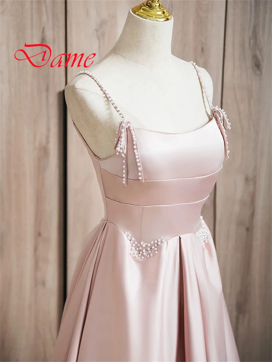 Customized  Graceful Light Pink Satin Evening Dress Exquisite Square Collar Spaghetti Straps Sleeveless Lace Up Back Prom Dress