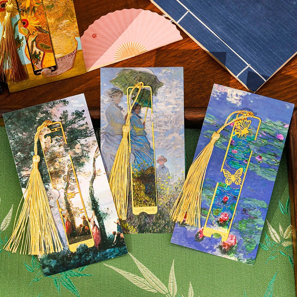 20個入り卸売-ヴィンテージ風有名絵画柄-透かし彫りメタル製-高級感あふれる読書用ページクリップ-美的価値の高い学生向け文化的ブックマーク