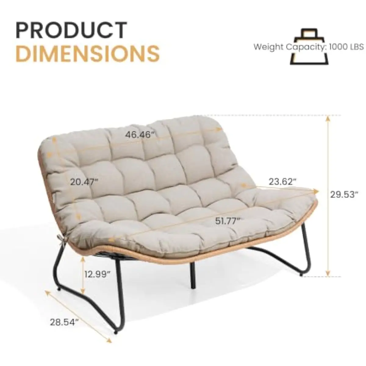 Outdoor rattan loveseat with ergonomic 4-inch cushion, weatherproof PE weave, rust-resistant metal frame, adjustable leveling fe