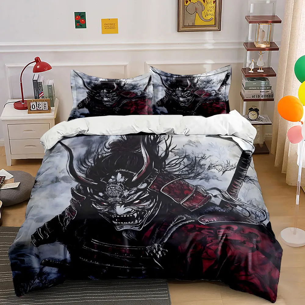 Demon-faced Samurai in Red Armor Bedding Set for Kids Luxury Gift 3pcs Digital Print Comforter Set Soft Comfortable Breathable
