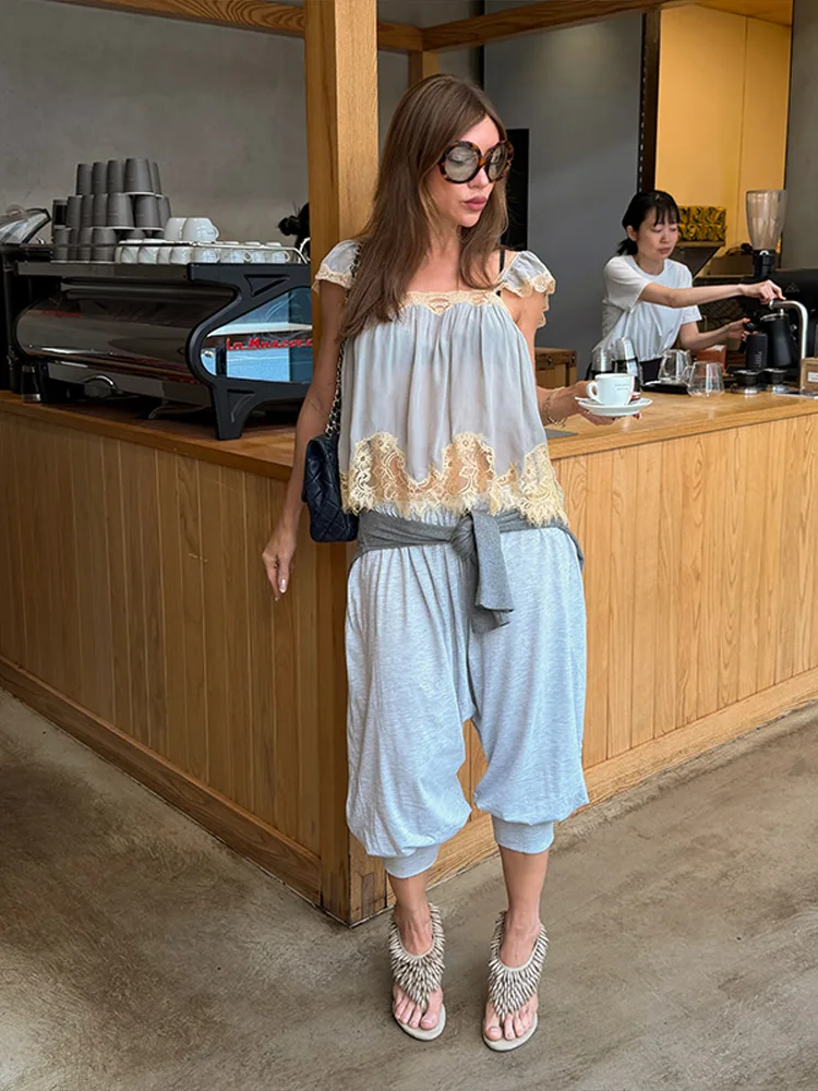Sexy Lace Patchwork Shirt Women Slim Sleeveless Slash Neck Loose Pleated Shirts Female 2026 Summer Autumn Lady Outwear New