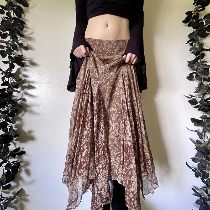 Y2K กระโปรงพิมพ์ลายย้อนยุคผู้หญิงสไตล์อเมริกันกระโปรงยาวตาข่ายบางเฉียบ, กระโปรงแม็กซี่กระโปรงยาวเอวต่ำไม่สมมาตร