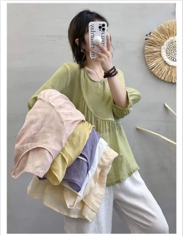 2024 Summer New Arrival Pullover Short Sleeve Loose Fit Round Neck Cotton and Linen Irregular Waisted Top