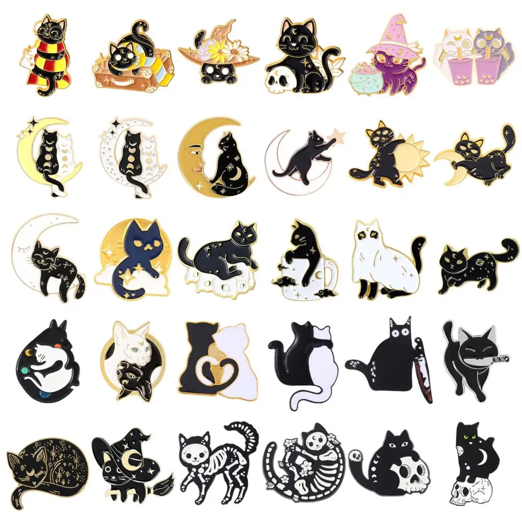 Cat Brooch Halloween Wizard Hat Couple Cat Sun Moon Cat Brooch Black White Cat Alloy Enamel Badge Lapel Pins Cat Brooch Skull