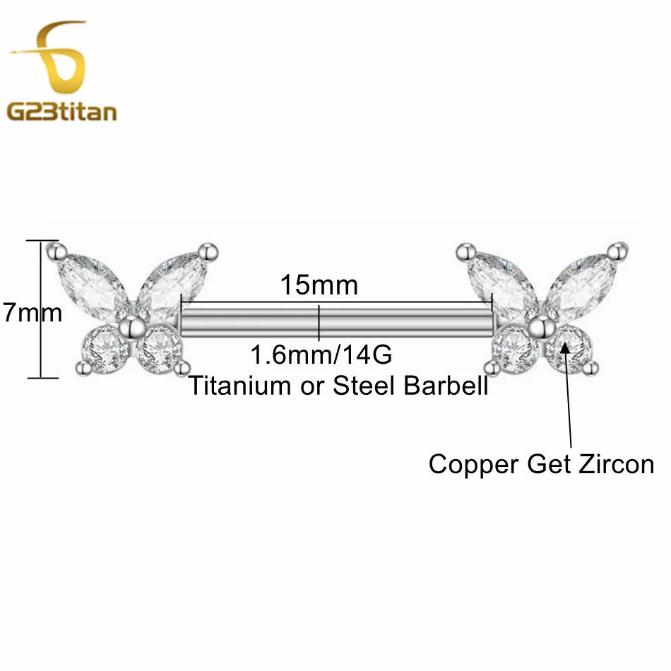 2pcs Zircon Butterfly Nipple Rings Titanium or Steel Straight Barbell Body Piercings Hypoallergenic Women Jewelry Accessory 14G