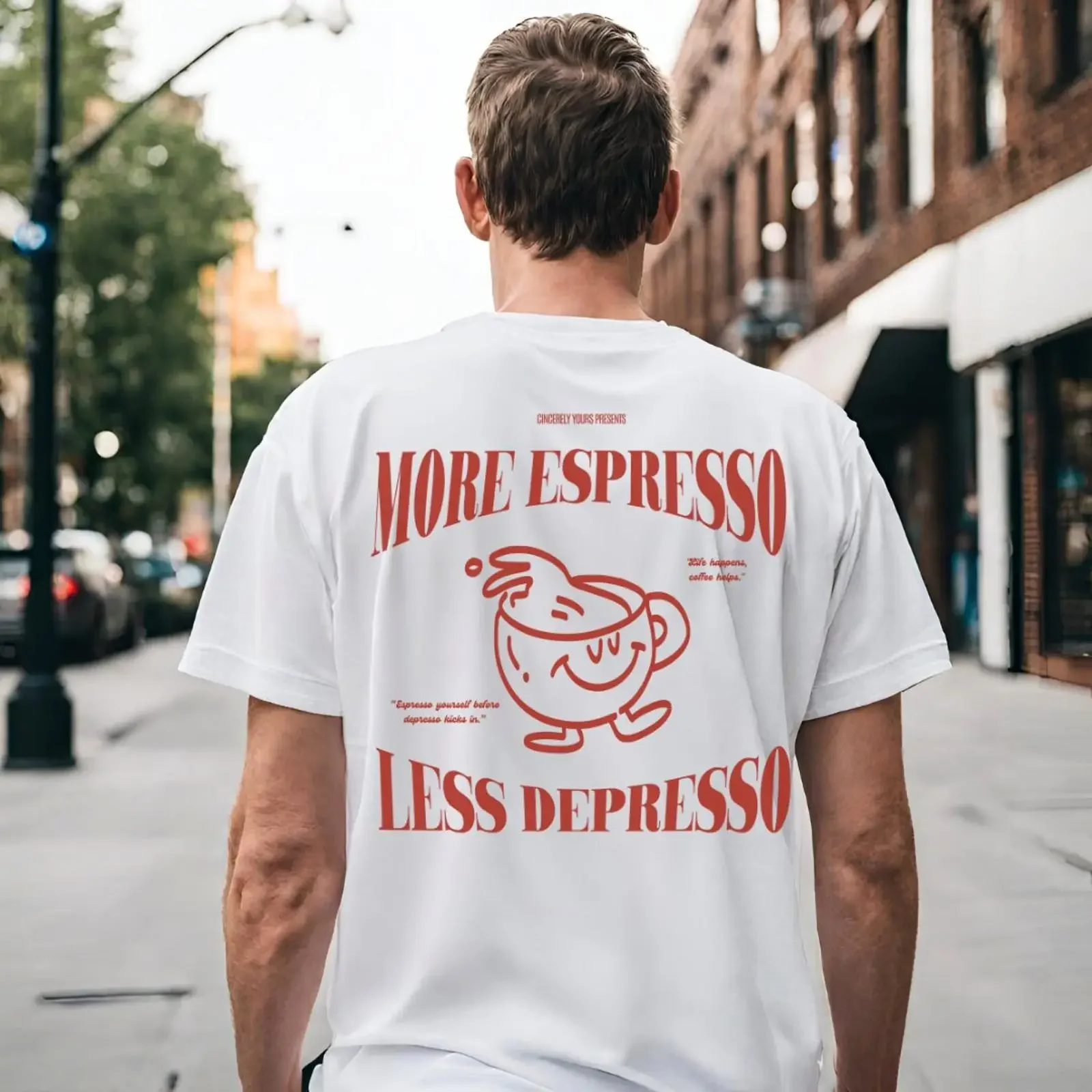More Espresso Less Depresso Retro Coffee Mug T Shirt Funny Lover 90s Y2K Back Print Breakfast  vintage Washed designer clothes