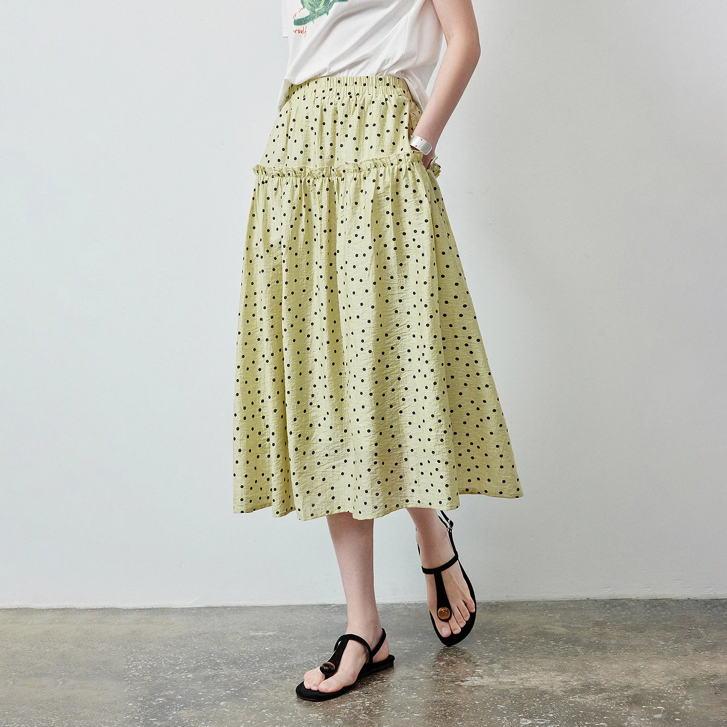 TOYOUTH Women Lyocell Skirt Summer 2026 Light Green Ruffle Trim French Retro Polka Dot Vintage Style
