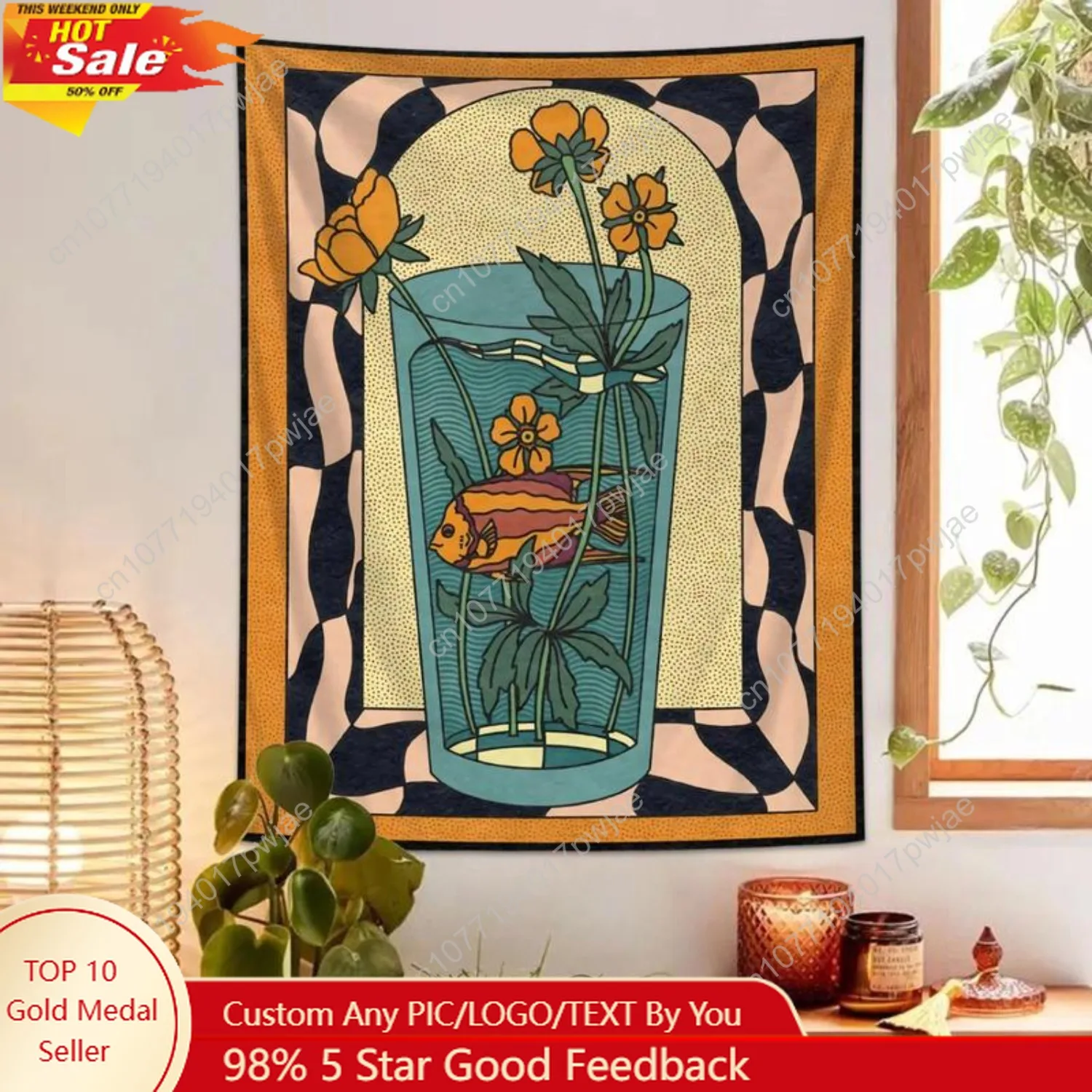 

Vintage Style Tapestry Vase Gold Fish Flower Print Tapestry Minimalist Bohemian Style Wall Suitable for Living Custom Decoration