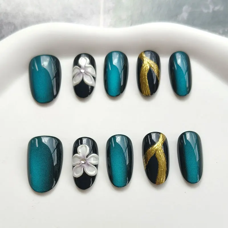10Pcs Starry Night Garden Short Elliptical Crystal Diamond Press On Nail Petals Gilded Pearl Deep Peacock Blue Cat Eye Fake Nail
