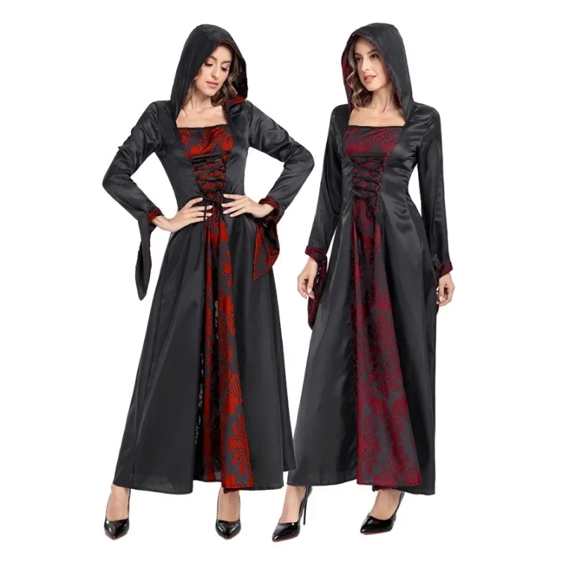 HN8 Renaissance Vampire Wizard Witch Cosplay Costume Long Sleeves Tie Waist Hooded Print Dress Vintage Medieval Palace Costu8…Gf