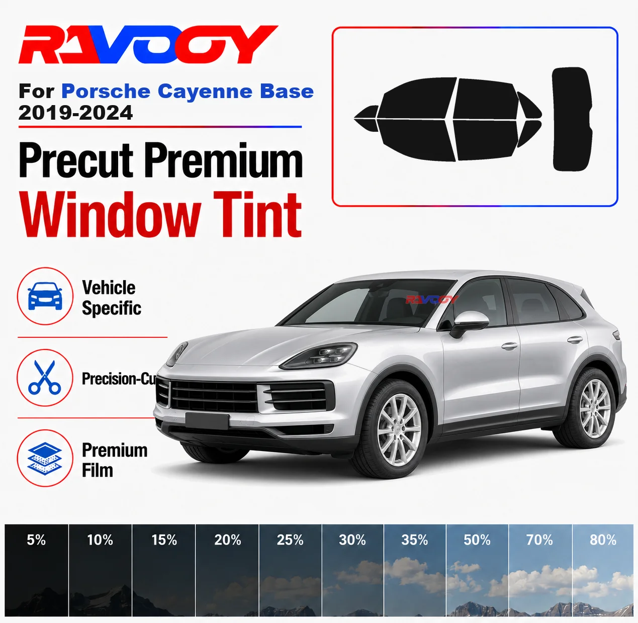 Premium Precut Window Tint Kit Front Rear Windows Rear Windshield For Porsche Cayenne Base 2019-2024 Car Solar Nano Ceramic Film