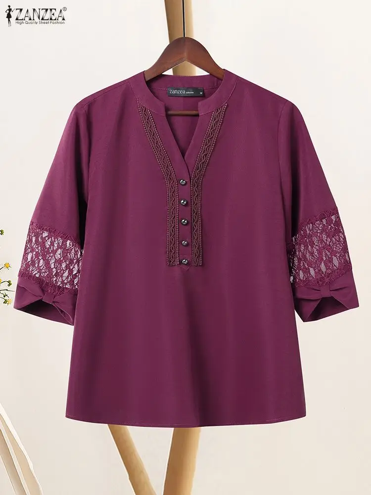 

2025 ZANZEA Summer Blouse Women V Neck Lace Crochet Tops Stylish 3/4 Sleeve Patchwork Blusas Mujer Female Elegant OL Work Shirt