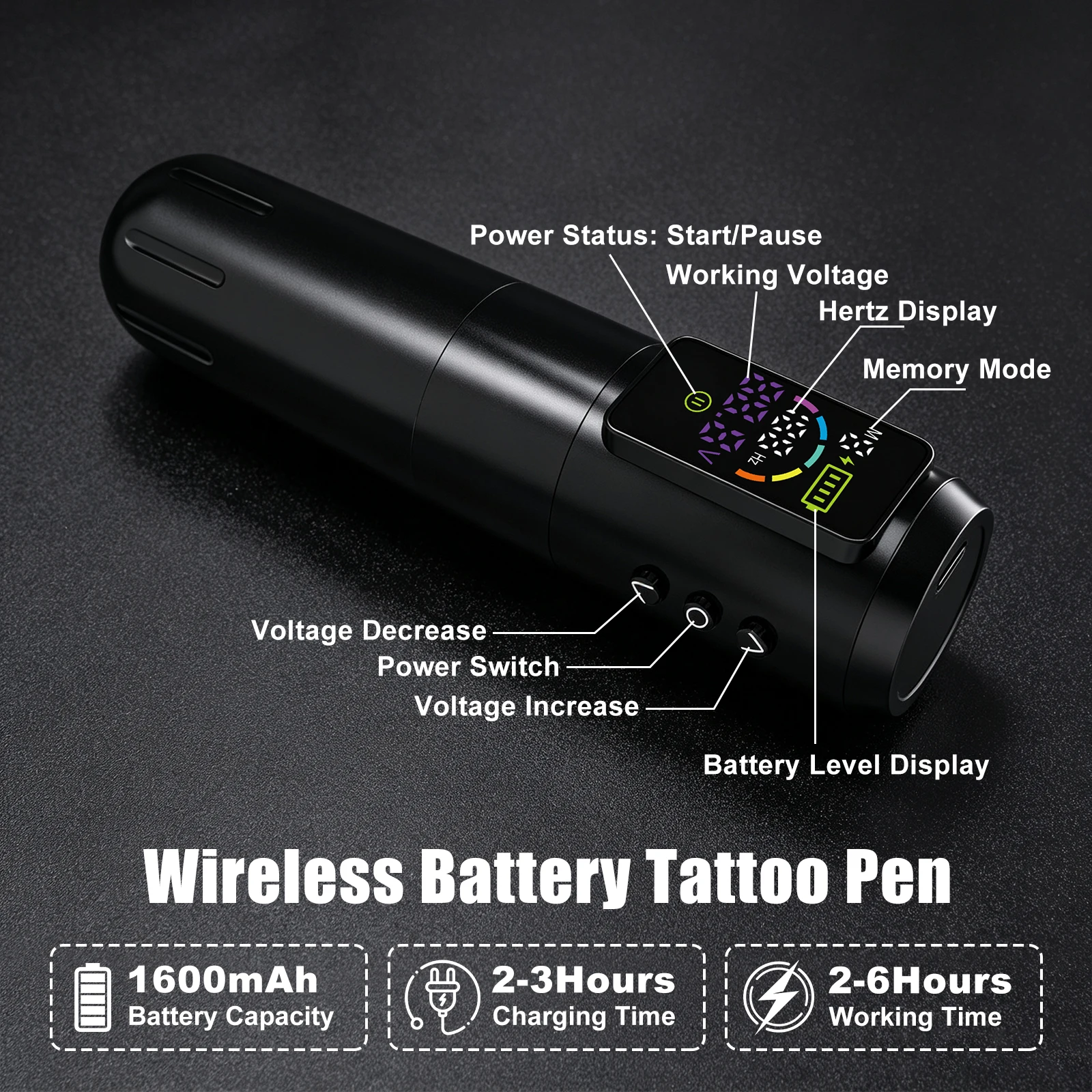 Yilong Wireless Tattoo Machine 1600mAh Battery 6-Hour Long-Life Rotary Tattoo Pen with LED Display for Professional Body Art Sup