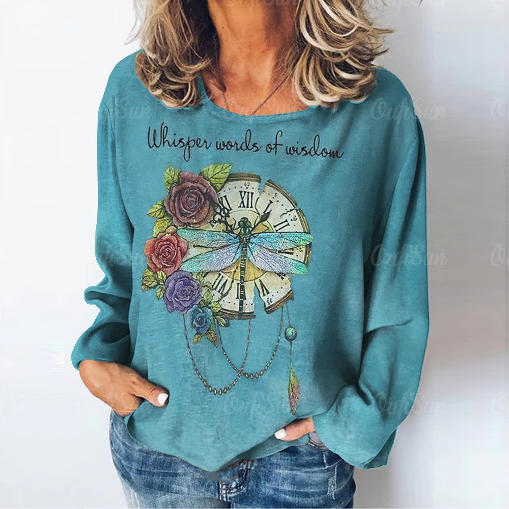 T-shirt da donna Vintage con lettera modello libellula magliette a maniche lunghe top Pullover in cotone autunno/inverno abbigliamento donna