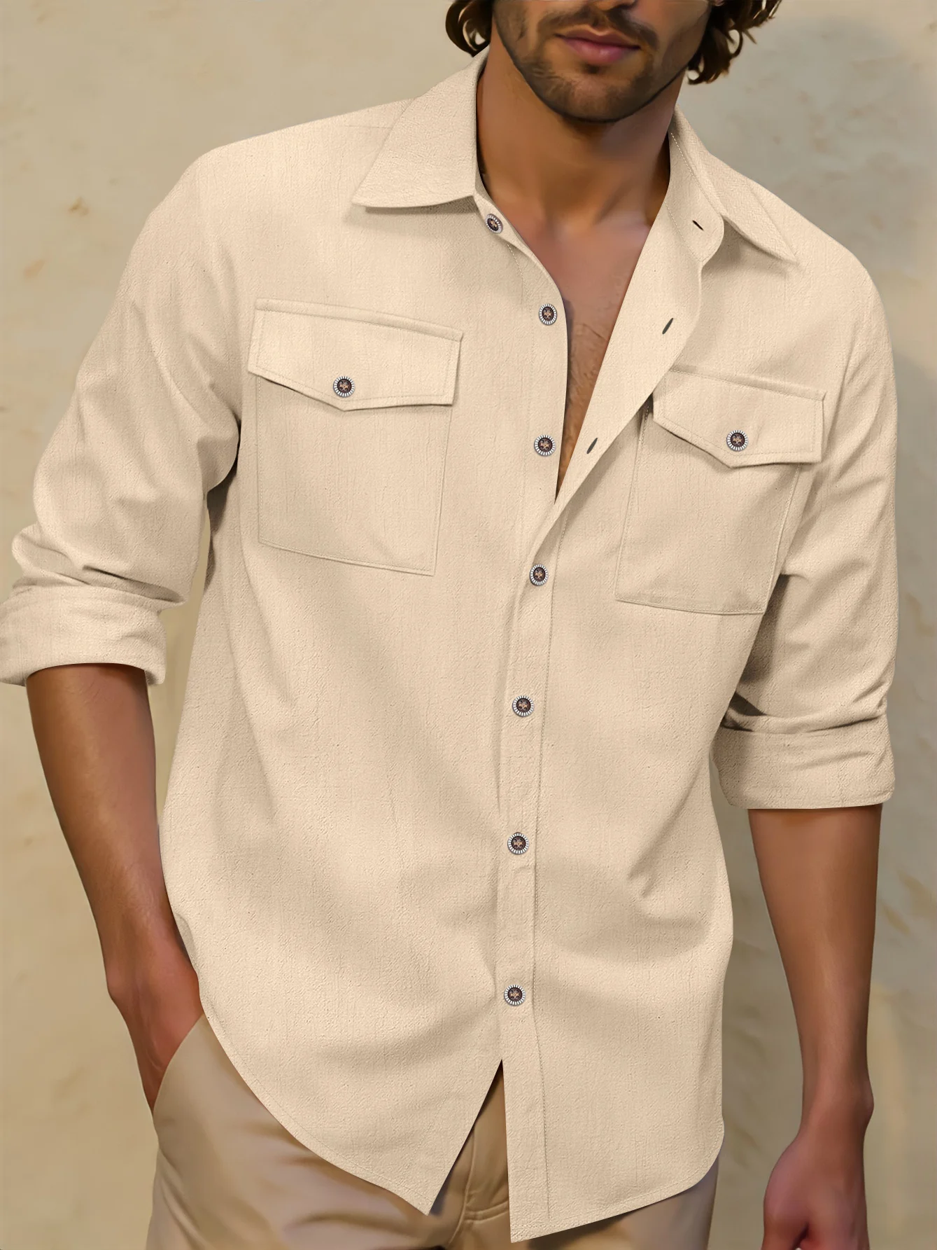 

2026 Spring and Autumn New Men's Long Sleeve Shirt Casual Linen workwear Style Double Pocket Shirt Men's Top