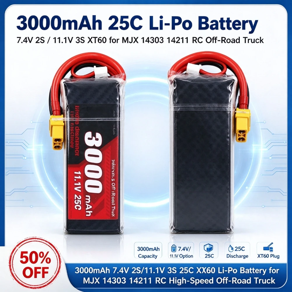 3000mAh 7.4V 2S/11.1V 3S 25C XT60 Replacement Li-Po Battery for MJX 14303 14211 RC High-Speed Off-Road Truck Specialized Battery