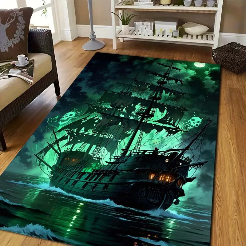 Pirate sailboat Print Flannel Area Rug Non-Slip Floor Mat For Bedroom Sofa Living Room Adventure Theme Indoor Home Decor Gift