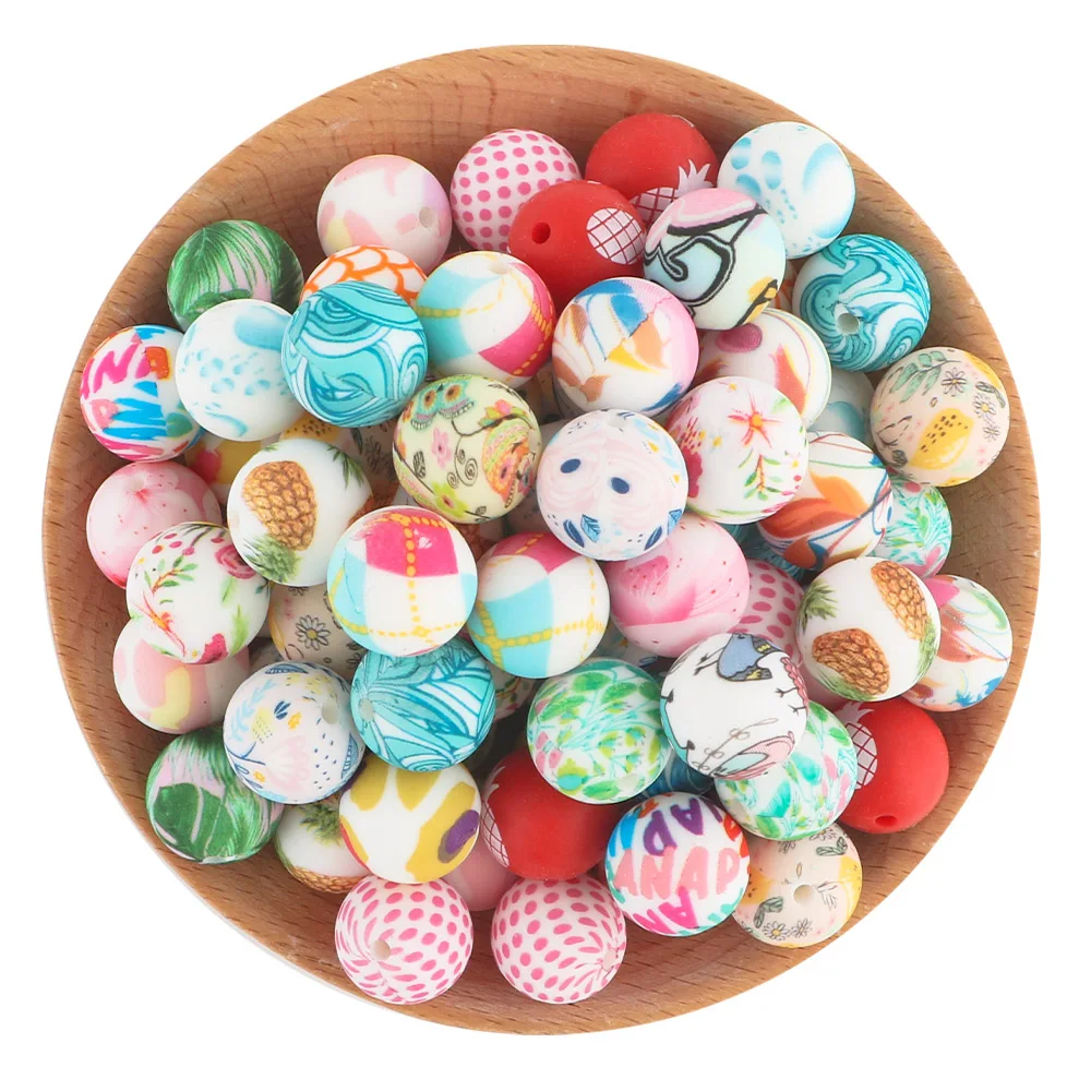 10 Stück Silikon bedruckte Obstperlen 15 mm für die Herstellung von DIY-Schmuckzubehör, Armbändern, Halsketten oder Stiften