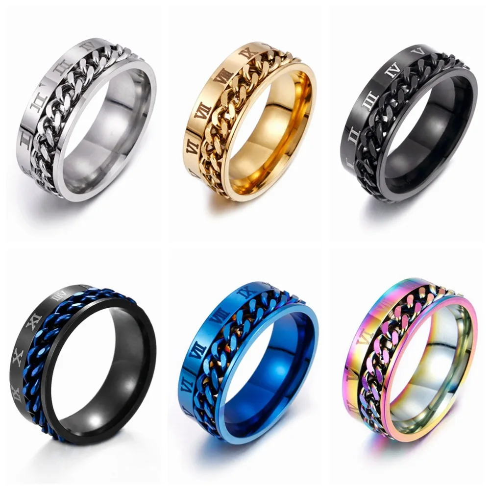 Roman Letter Chain Rings Men Digital Titanium Steel Ring European and American Transfer Rotating Roman Chain Personality Ring