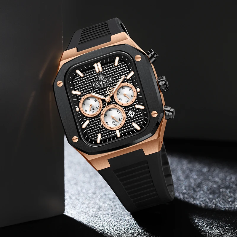 NAVIFORCE New Chronograph Watches Men Square Dial Silicone Strap Waterproof Man Clock Quartz Calendar Luxury Male Wrist Watch