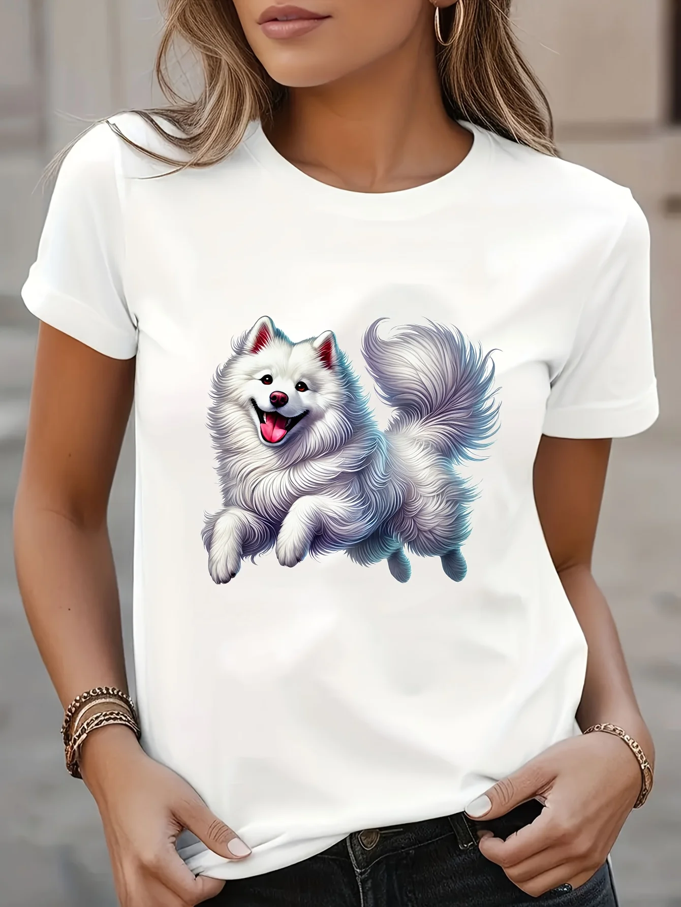 Women Samoyed Dog Print T-Shirt Casual Short Sleeve Round Neck Semi-Sheer Blouse for Samoyed Lovers Machine Washable