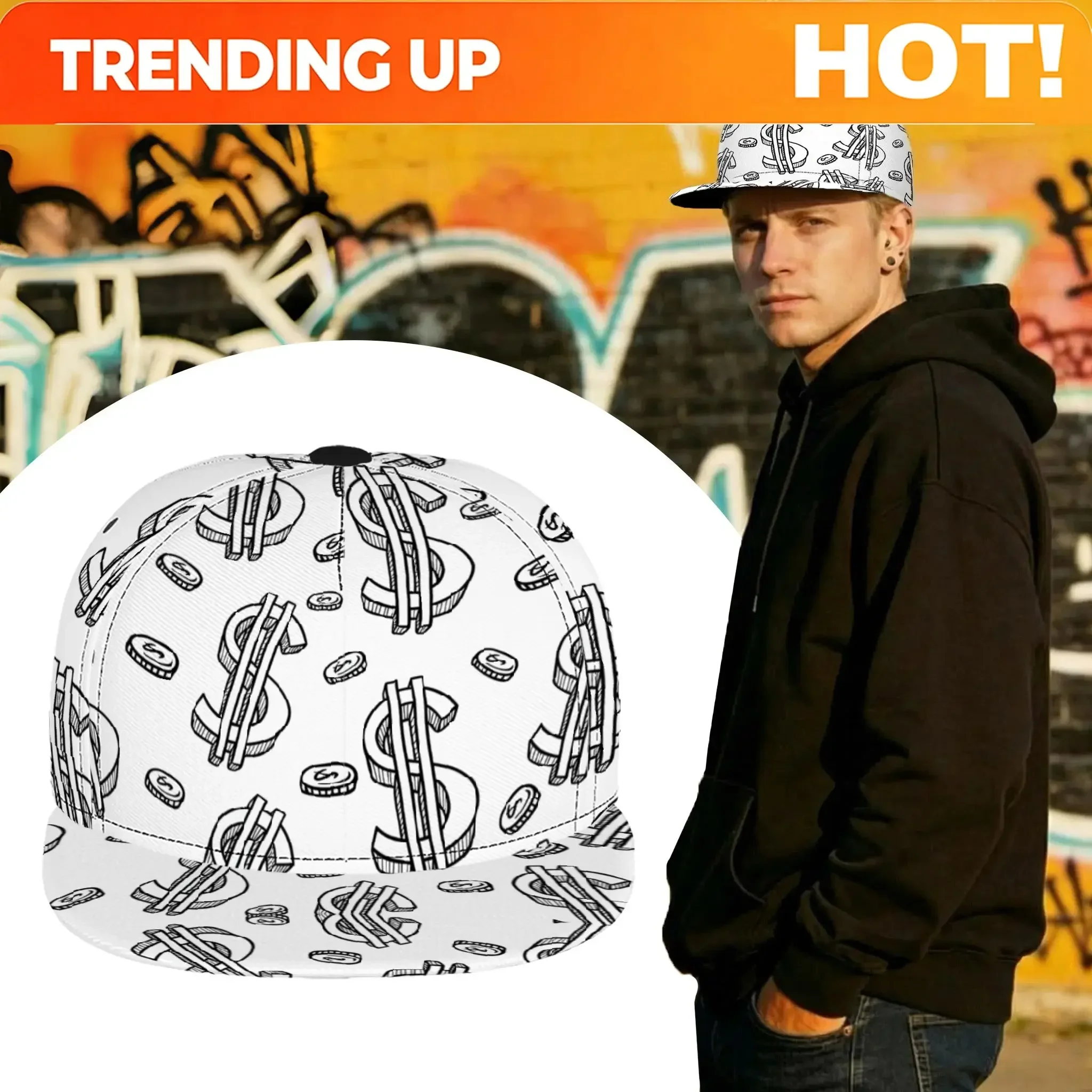 Customization Hats 1pc Black & White Dollar Sign Baseball Cap With Snapback Closure - Adjustable Flat Brim Hat Suitable For Hip-