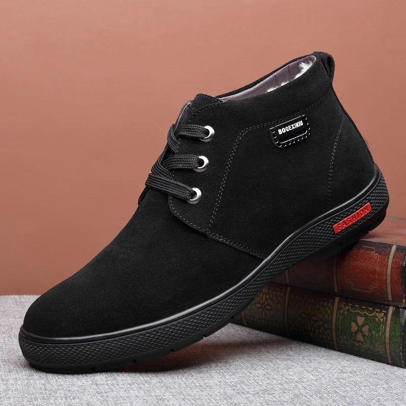 

Men's Winter Cotton Shoes with Fleece Lining And Thickened Sole Cow Leather Casual Frosted Shoes with Breathable Rubber Outsole