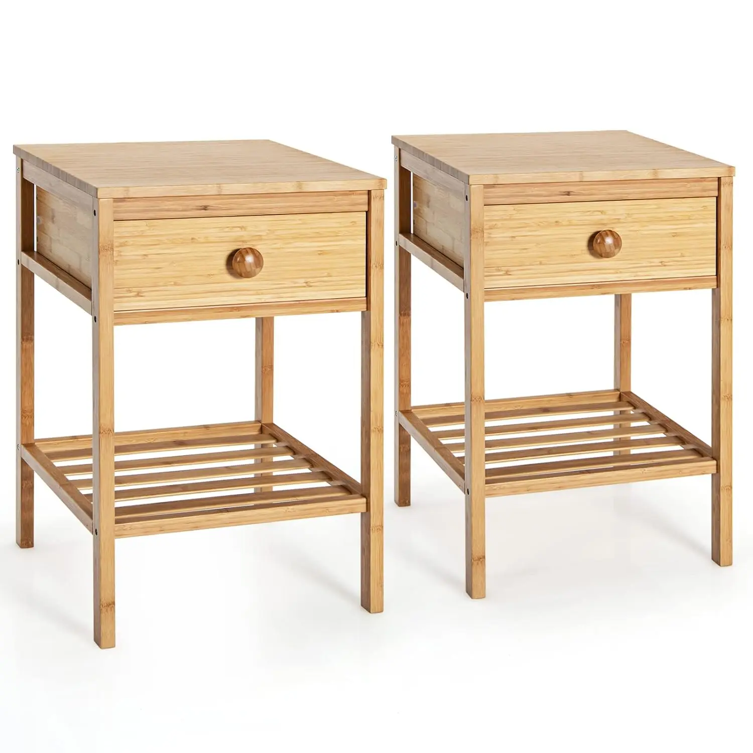 

Bamboo Night Stand Set of 2, Bedside Table with Drawer & Slatted Open Shelf, Multifunctional Nightstand for Small Spaces, Accent