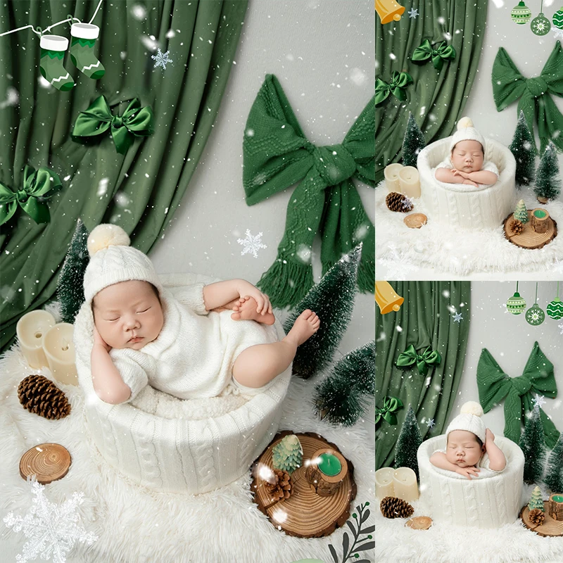 

2025 Knit Christmas Baby Outfit Photography Clothing Newborn Knit Jumpsuit and Hat Scene Backdrop DIY Christmas Photoshoot Props