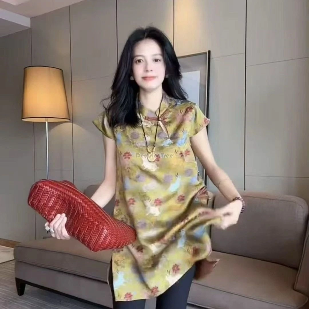 

2025 chinese improved style printed short-sleeved stand collar summer retro button-up cheongsam top loose casual daily qipao top