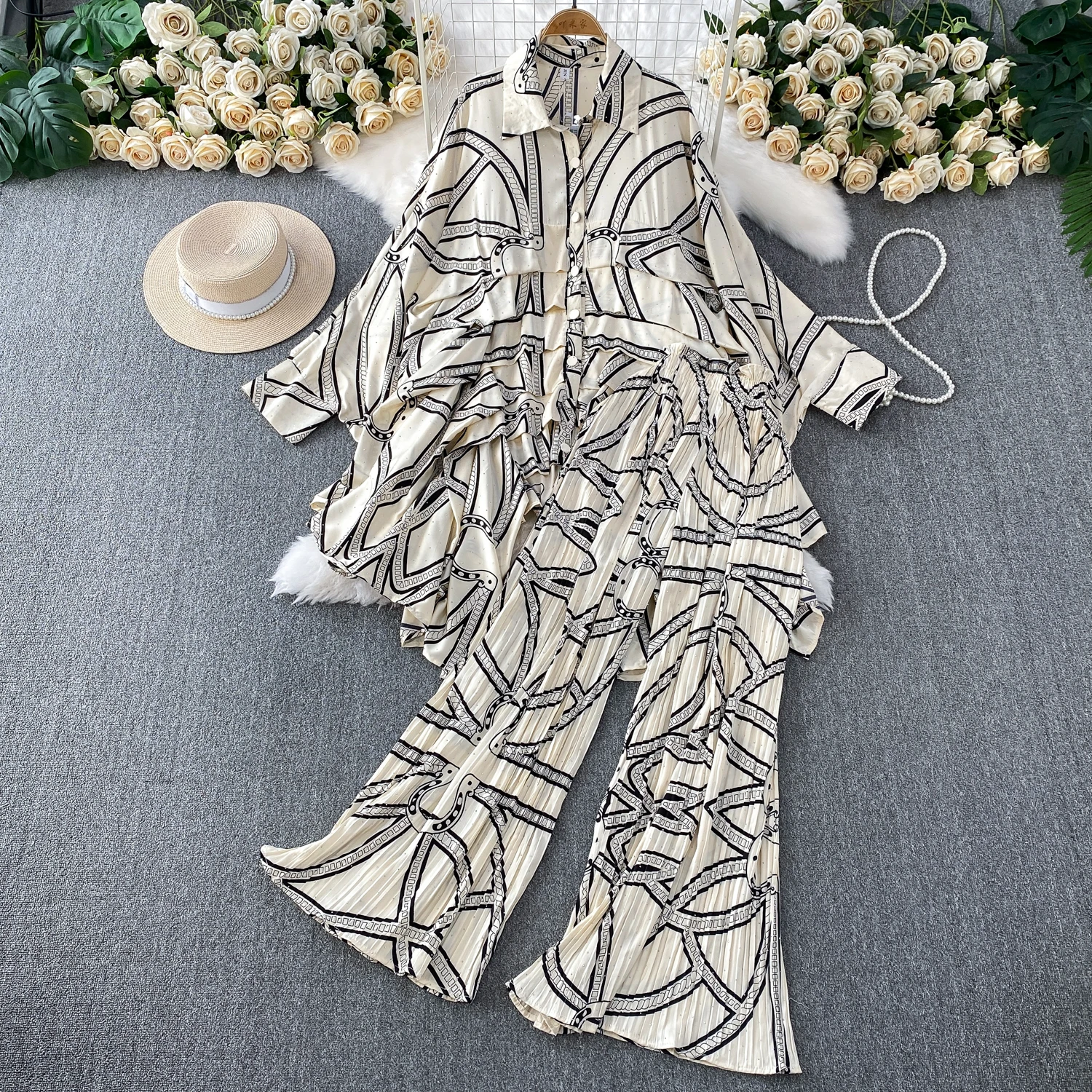 

SuperAen Рубашки с длинными рукавами в европейском и американском стиле, плиссированные широкие брюки с высокой талией, комплекты из двух предметов