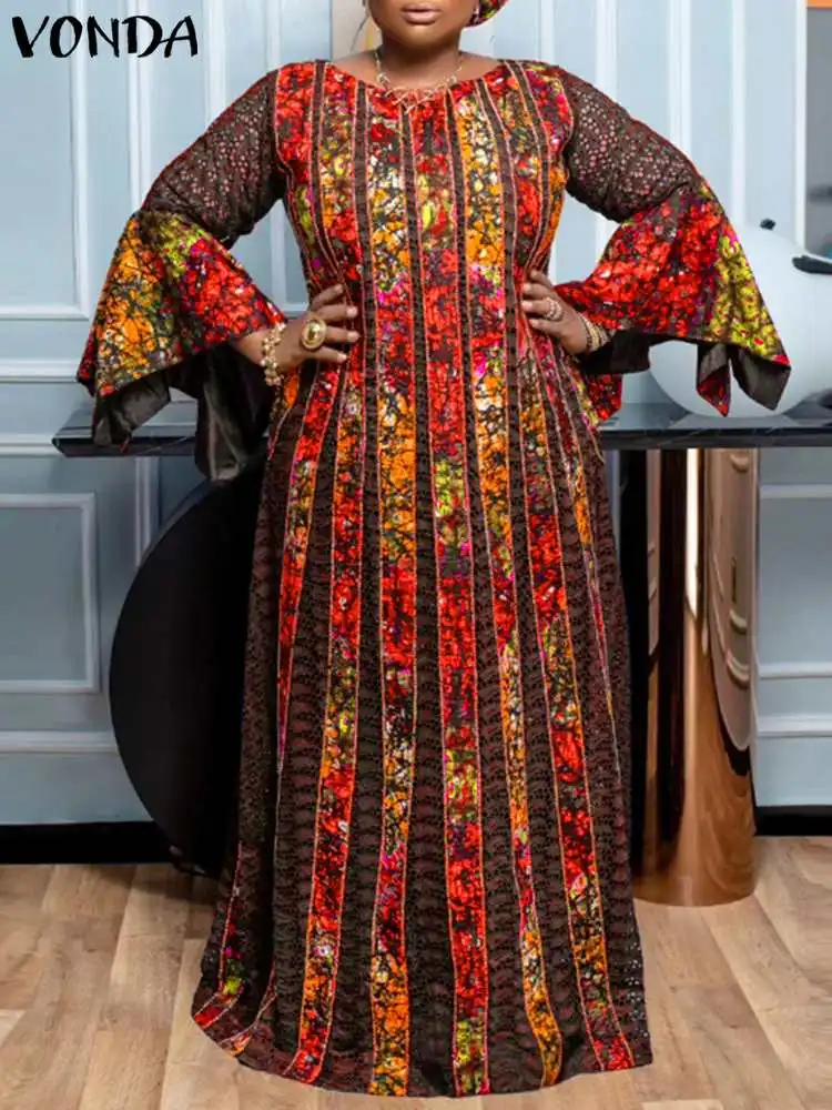 Plus Size 5XL VONDA Vintage Printed Dress Women Bohemian Party Maxi Dress 2024 Long Flare Sleeve Party Casual Loose Robe Femme