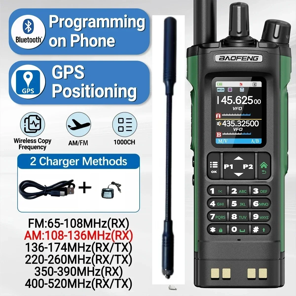 

BAOFENG UV-32 GPS Walkie Talkie 10W Multi Band Bluetooth Programming Wireless Copy Frequency NOAA Long Range Ham Two Way Radio