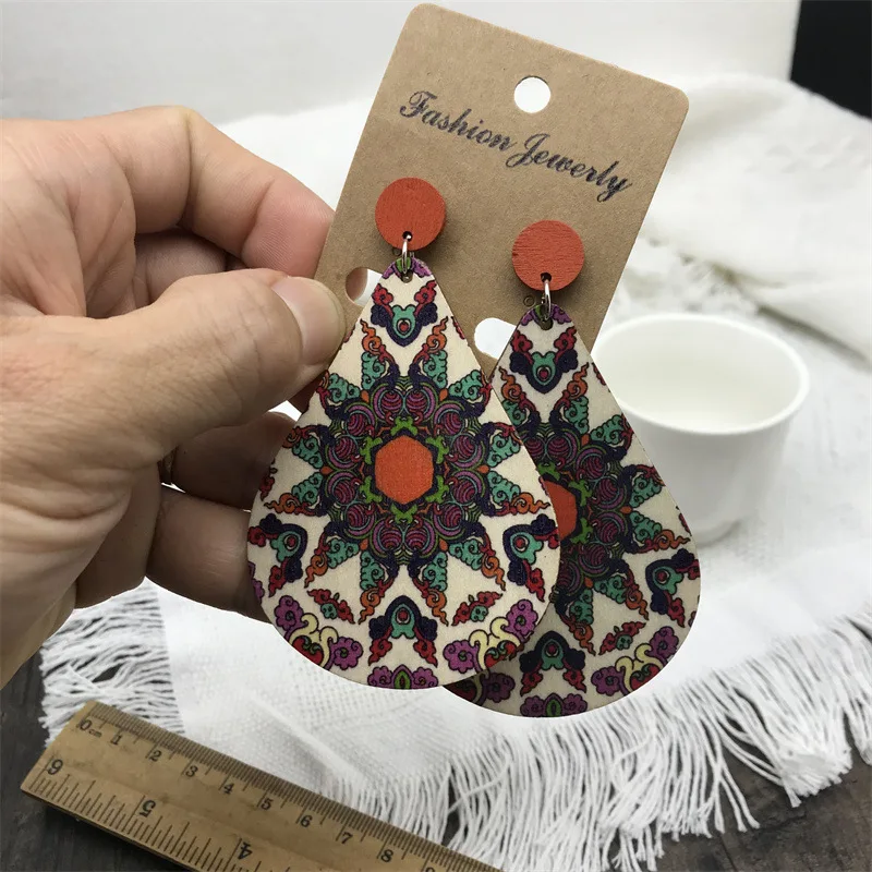 Mode Vintage bemalt große Holz Ohrringe ethnische übertriebene Muster geometrische Aussage Tropfen Ohrringe Urlaub Party Schmuck – Detail 26