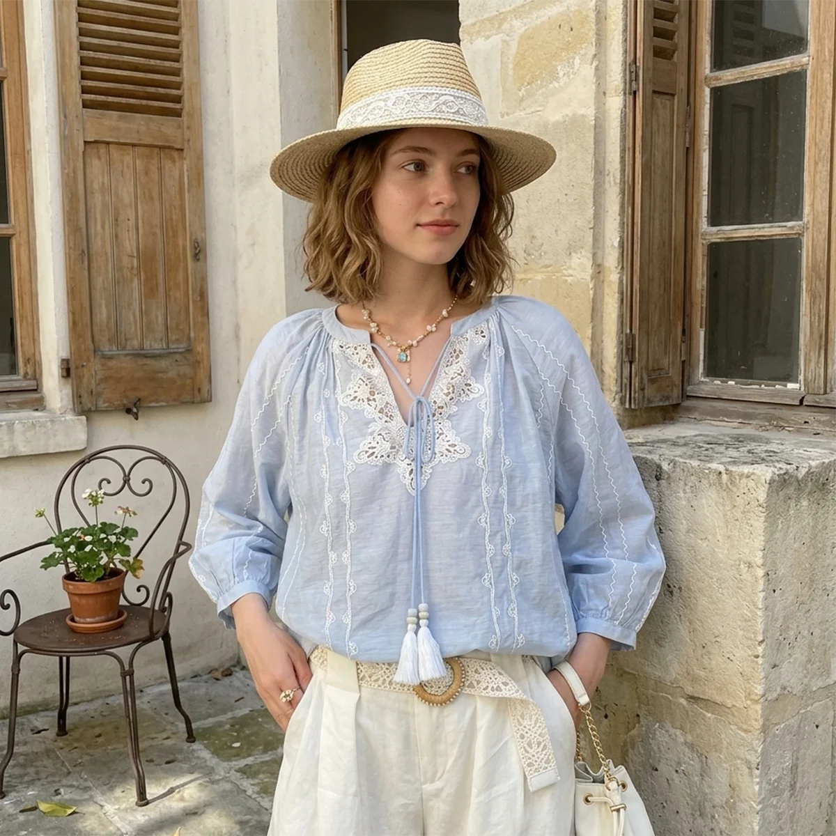 

2026 Bohemian Blue Cotton Blouse Women Sexy V Neck Lace Applique Tie Front Shirt Tassel Lantern Sleeve Embroidery Holiday Tops