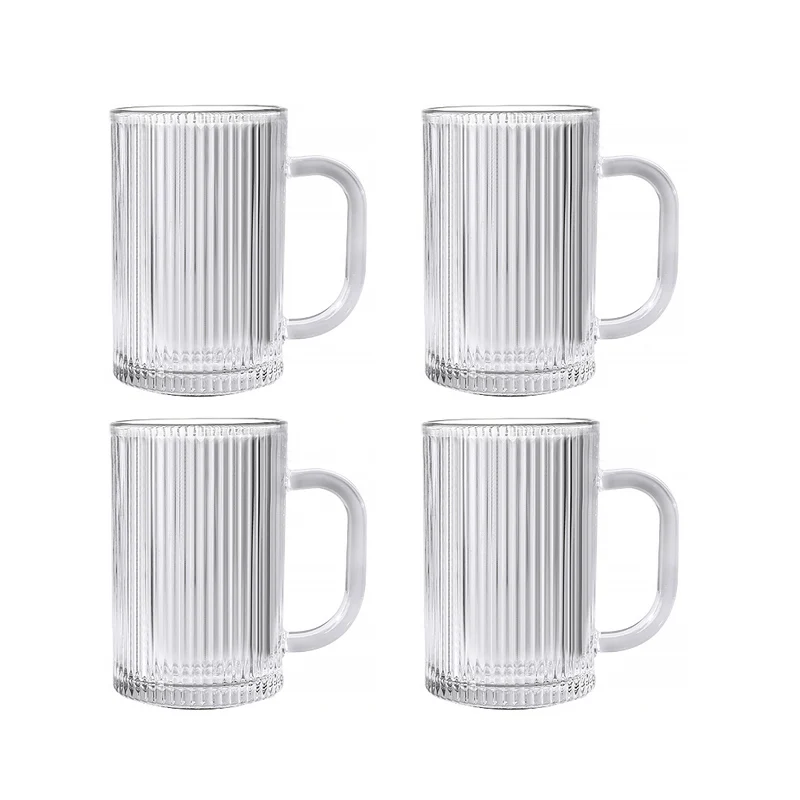 380ml 4pcs Set Classic Modern Vertical Striped Tea Cup Household Heat Resistant Water Cup with Handle Beer Glass Wine Utensils