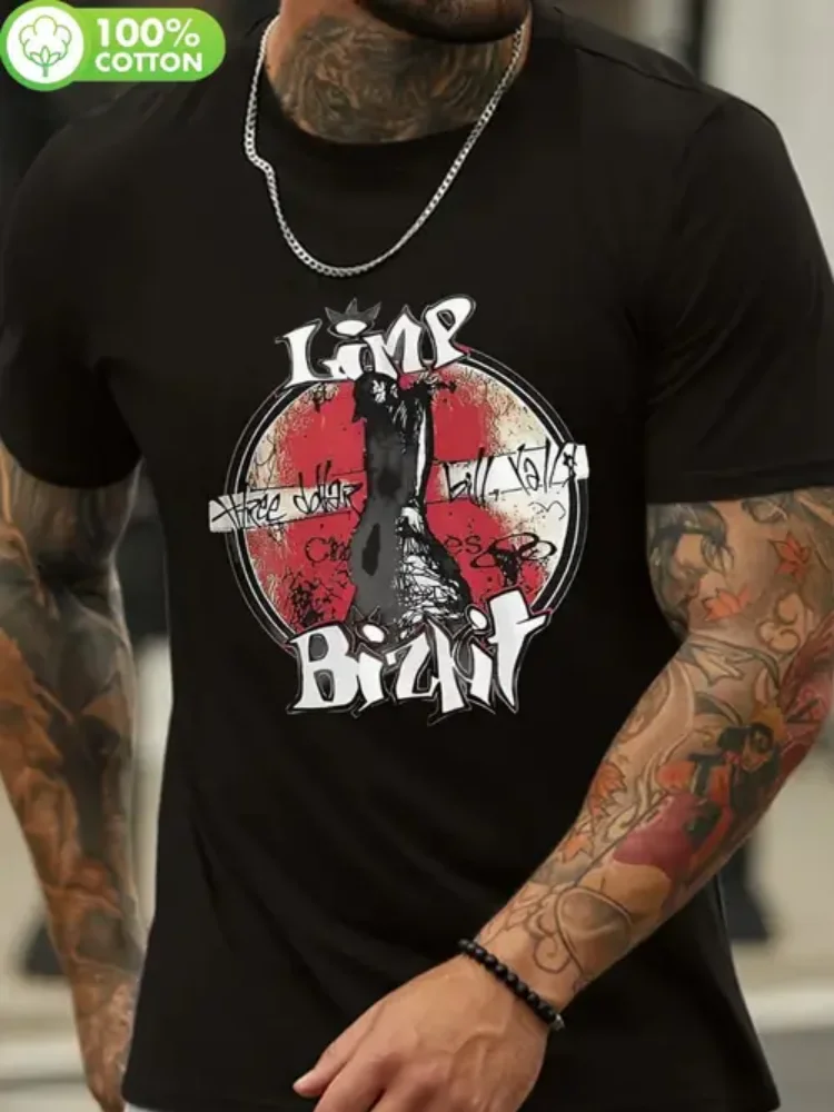 

Limp Bizkit Vintage 90s Y2K Hip Hop T-Shirt - Black Cotton Tee with Cross Graphic, Machine Washable, Casual Crew Neck, Perfect