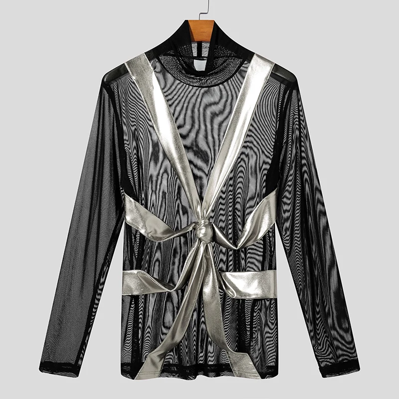 

INCERUN Men T Shirt Mesh Patchwork Sexy See Through Turtleneck Male Tee Tops Streetwear Long Sleeve Party Fashion Camisetas 2025