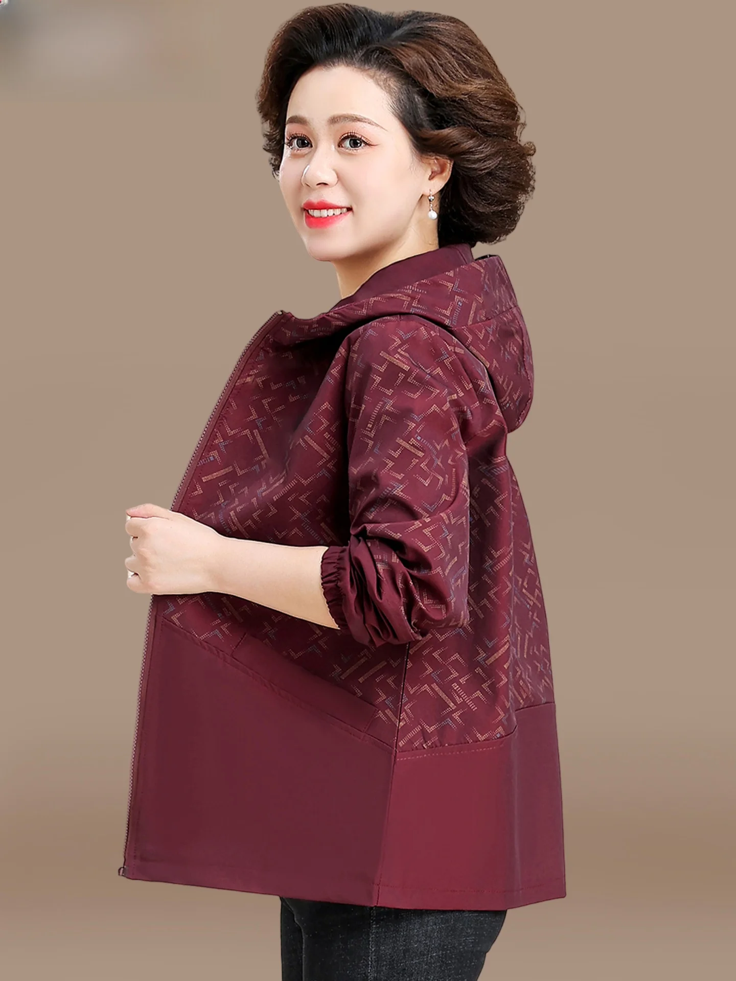 

Casual Large Size Autumn Coat for Women Middle Aged And Elderly Print Zipper Closure Windproof Breathable Long Pants Straight...