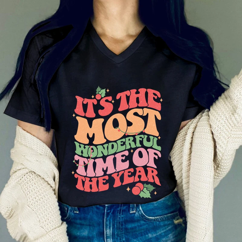 Y2K Letter Christmas Women T-shirt It's The Most Wonderful Time of The Year Print Tees Short Sleeve V Neck Graphic Xmas Tshirt