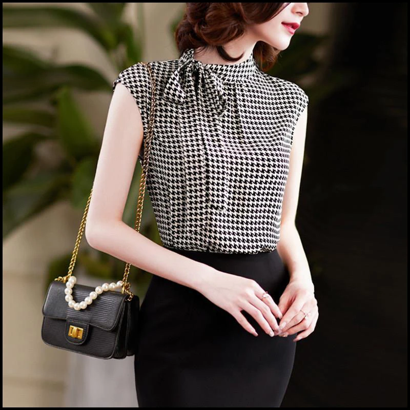 Summer Korean Bow Lacing Chiffon Shirt Elegant Stand Collar Houndstooth Office Lady Blouses Vintage Casual Sleeveless Top Women